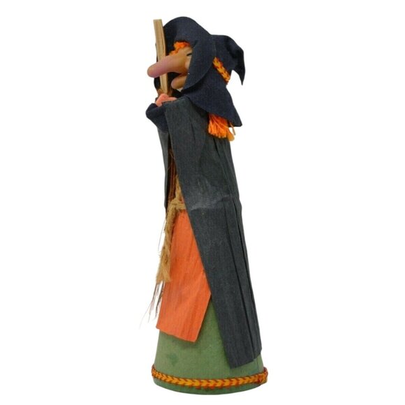Vintage Halloween Witch Figurine w/ Broom Black Crepe Paper & Felt German Style - Picture 3 of 10